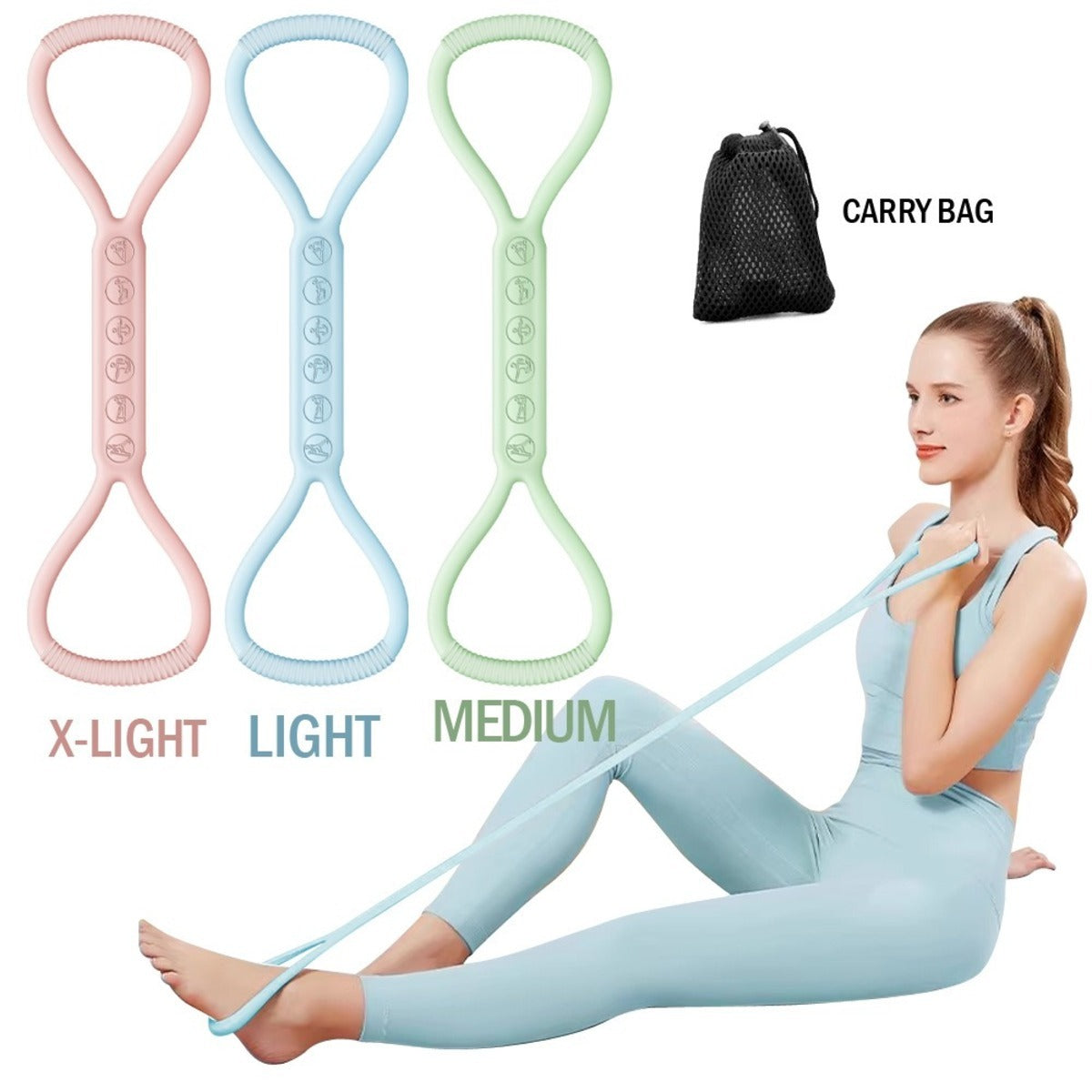 8-shape silicone bands for yoga, fitness, and home use.
