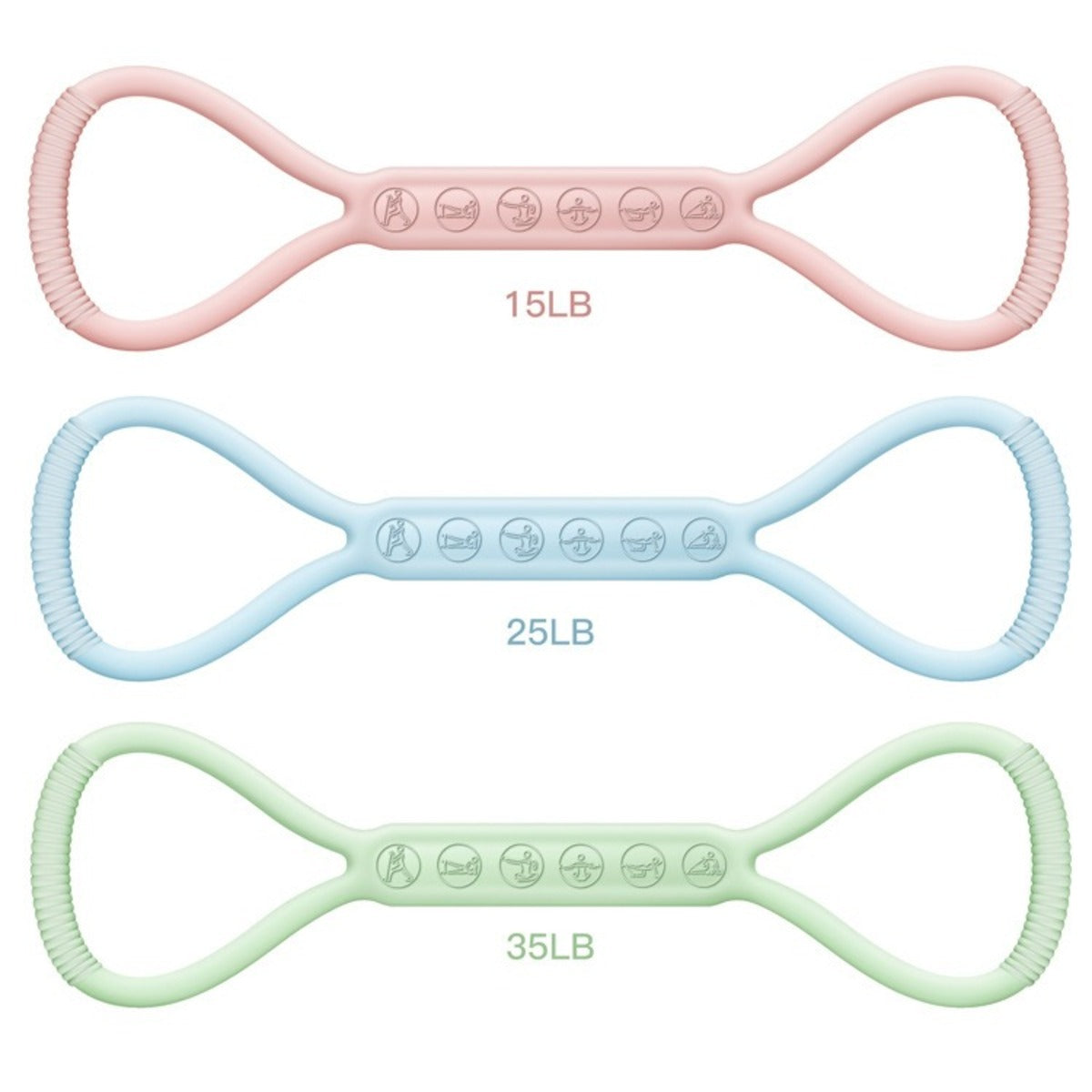 8-pattern silicone bands for light, medium, and heavy resistance.