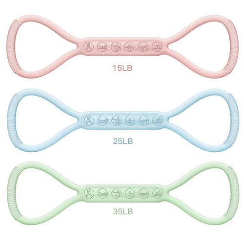 8-pattern silicone bands for light, medium, and heavy resistance.