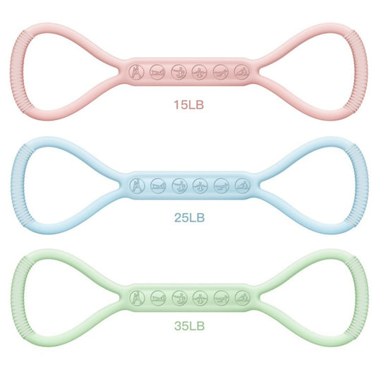 8-pattern silicone bands for light, medium, and heavy resistance.